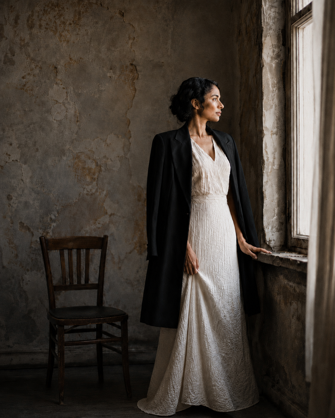 Woman in a white textured dress with a black coat standing by a sunlit window in a rustic, peeling-wall room.
