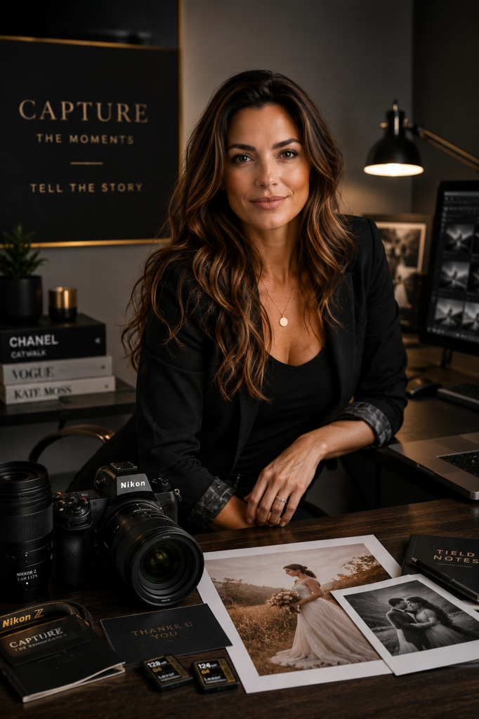 Professional woman photographer sits at a dark desk with a Nikon camera, wedding prints, and a laptop in a studio.