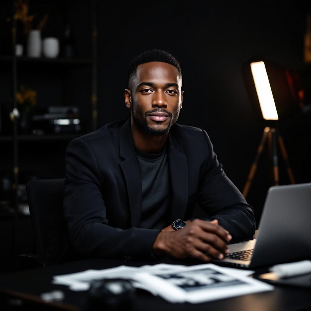 Professional man in a dark blazer sits at a desk with a laptop, looking at the camera in a studio-like office setting
