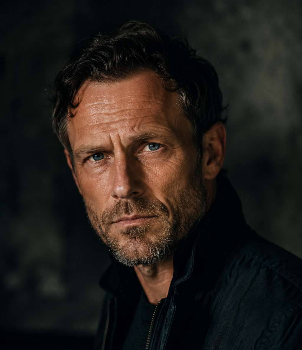 Close-up portrait of a rugged man with blue eyes and stubble, wearing a dark jacket, gazing at the camera