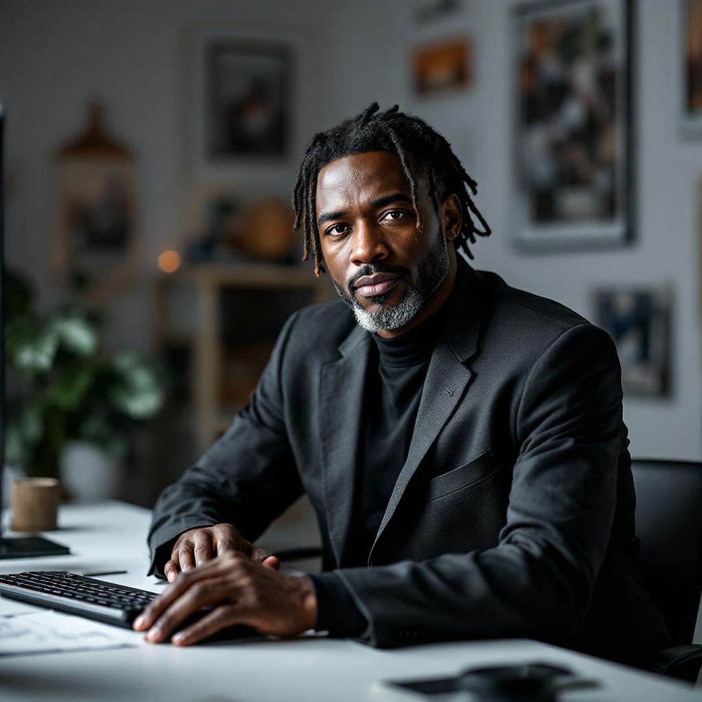 Professional man with gray beard in a black blazer sits at a desk, hands on a keyboard, looking at the camera in a modern office.