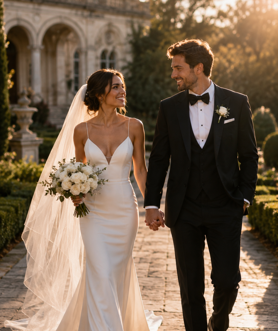 Bride in a white wedding gown and veil carries a bouquet of white roses as she walks hand in hand with a groom in a black tuxedo along a stone path at sunset.